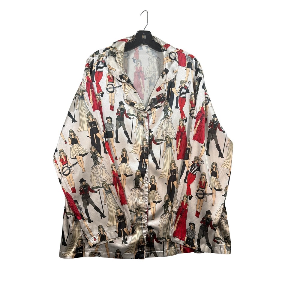 Taylor Swift Eras Tour Pajama Top XL Button Up Satin Sleep Shirt Graphic Print